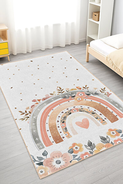 Home Renkli Gökkuşağı ve Çiçek Desenli Yıkanabilir Kaymaz Taban Çocuk Odası H...
