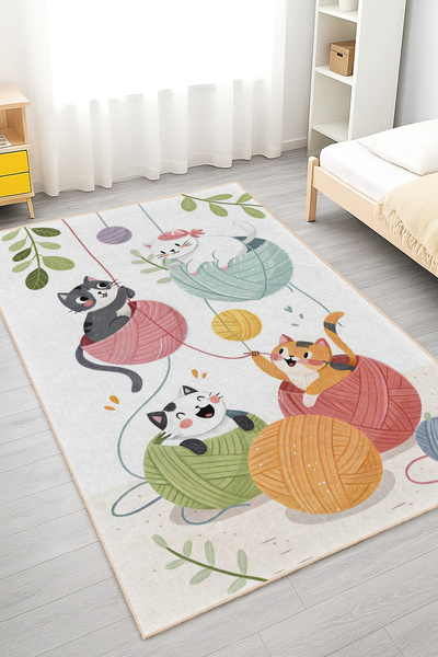 Home Şirin Kedi Figürleri ve Canlı Renklerle Çocuk Odası Halısı - Yıkanabilir...
