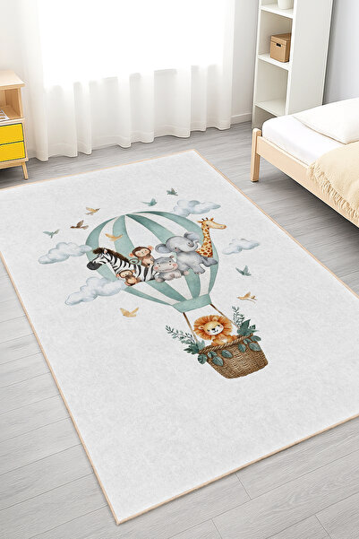 Home Balonlu Hayvan Desenli Yıkanabilir Kaymaz Taban Çocuk Odası Halısı