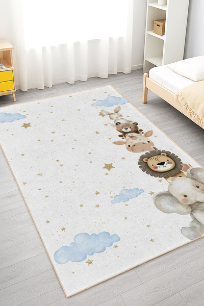 Home Hayvan Figürleri ve Yıldızlarla Süslü Yıkanabilir Kaymaz Taban Halı