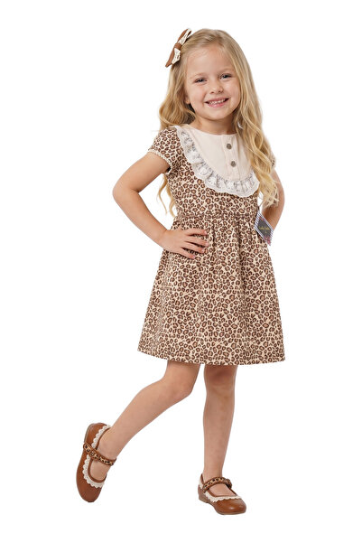 LADYGOLD KIDS Girl's Leopard Patterned Stylish Dress with Lace Detail
