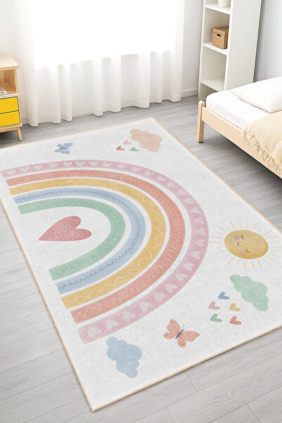Home Renkli Gökkuşağı ve Kalp Desenli Yıkanabilir Kaymaz Taban Halı