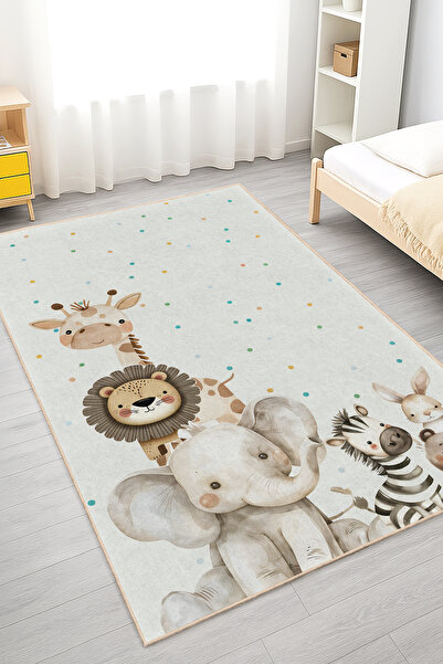 Home Sevimli Hayvanlar ve Renkli Noktalardan Oluşan Çocuk Odası Halısı