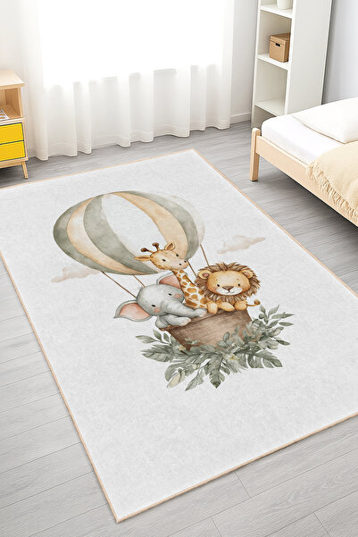 Home Renkli Balonlu Fil, Zürafa ve Aslan Desenli Yıkanabilir Kaymaz Taban Halı