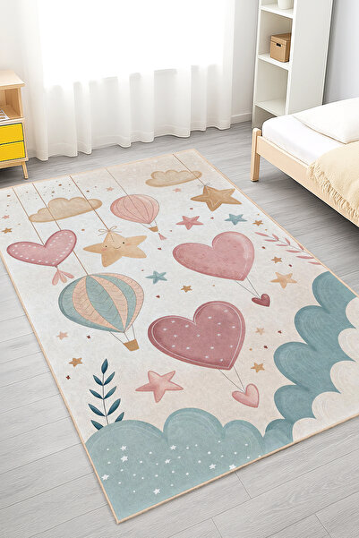 Home Pembe Kalp ve Balon Desenli Yıkanabilir Kaymaz Taban Çocuk Odası Halısı