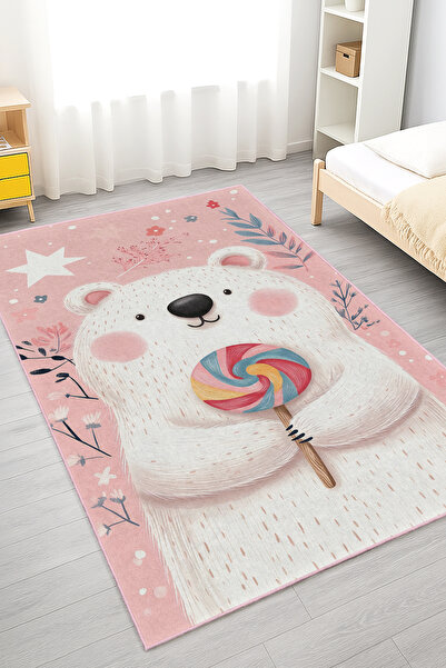 Home Pembe Arka Planda Ayı Figürü ve Şeker Desenli Yıkanabilir Kaymaz Taban Halı