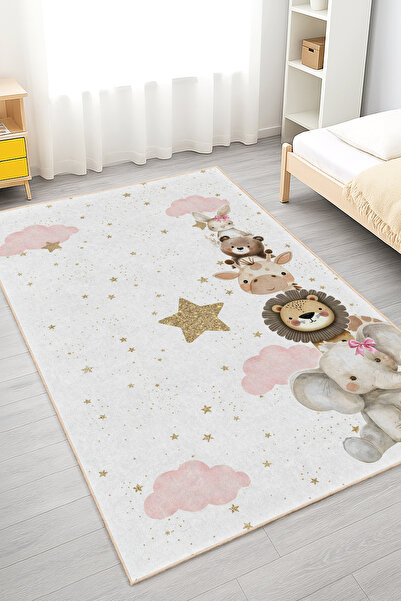 Home Pembe Bulutlarda Sevimli Hayvanlar Desenli Yıkanabilir Kaymaz Taban Halı