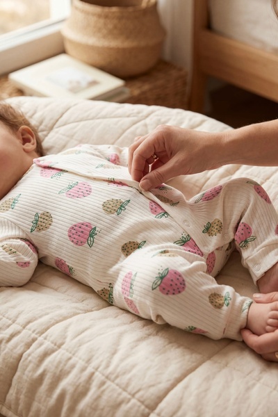 Zıbzıb baby %100 Pamuk Yenidoğan Kiraz Baskılı Çıtçıtlı Bebek Tulum Hastane Ç...