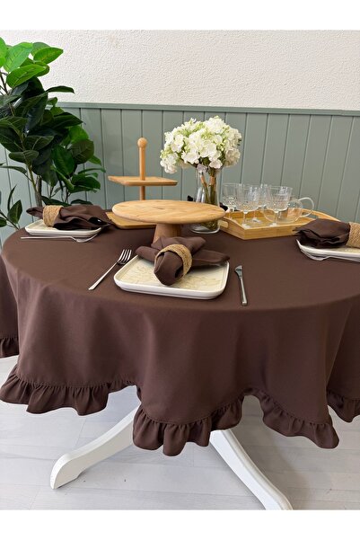 Decamor home Ανθεκτικό στους λεκέδες και στα υγρά καφέ τραπεζομάντιλο με βολάν