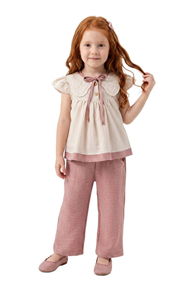 LADYGOLD KIDS طقم صيفي للفتيات مكون من بلوزة وبنطلون بياقة مطرزة، طقم من قطعتين