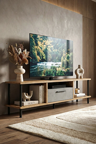 Yurudesign Noble Metal Tv Ünitesi Kapaklı 120cm Atlantik Çam-beton Nb1-ag
