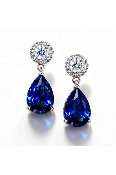 KLAZOJEWELRY 925 Ayar Gümüş Rodyum Kaplama Damla Safir Zarif Sallantılı Küpe