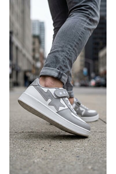 VELLINA Children's Gray Unisex Lace-Up Single Velcro Sneakers Stretchy Lightw...