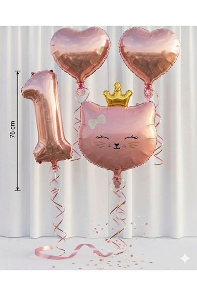 ÇAVUŞ E-TİCARET 1 yaş Doğum Günü Seti Kedi Kafa ve Kalp Folyo Balon Set