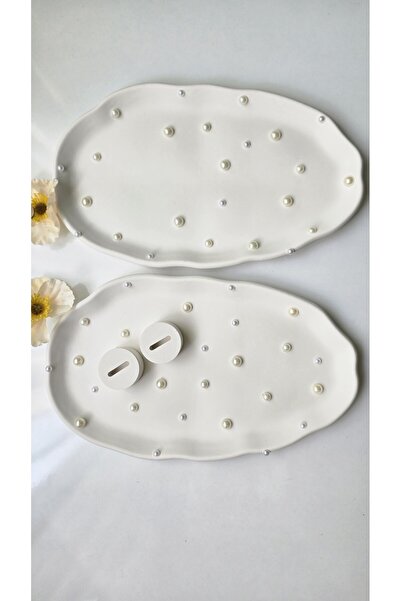 AmoreDesign İncili Nişan Tepsi Seti, Söz Tepsisi, Nişan Tepsisi, 2'li Beton T...