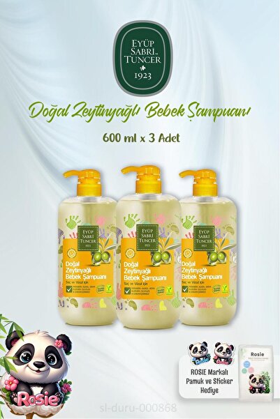 Eyüp Sabri Tuncer Natural Olive Oil Baby Shampoo 600 ml 3 Pieces and Rosie Co...