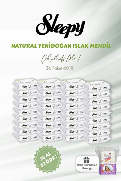 Sleepy Natural Yenidoğan Islak Bebek Havlusu 36 AL 33 ÖDE 60'lı ve Bebe Pamuğu