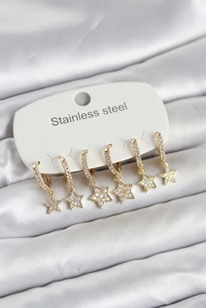 Generic Brand 316L Steel Gold Color Set of 6 Star Model Women's Earrings - Tj...