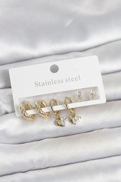 Generic Brand 316L Steel Gold Color Heart Detailed Women's Earring Set Tj-Bkp...