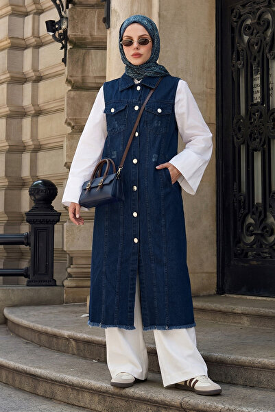 InStyle Αντίκα Λεπτομέρεια Σκούρο Μπλε Τζιν Γιλέκο