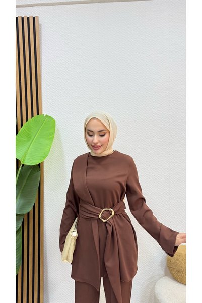 modasusev طقم عصري مزدوج من الملابس المحجبة بتصميم مميز وحزام خصر أنيق