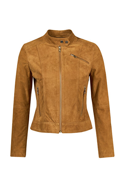 Derimod Kylie Kadın Camel Hakim Yaka Kısa Süet Deri Ceket 25WGE535210