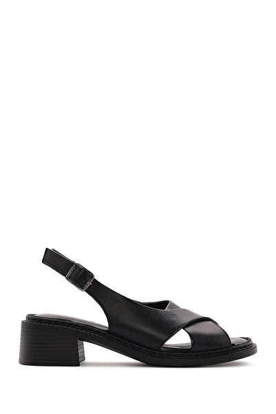 Derimod Γυναικεία δερμάτινα πέδιλα με κοντό τακούνι και μαύρη αγκράφα στον ασ...