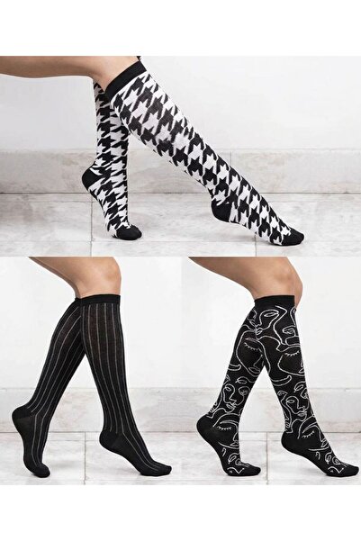 Bross Μαύρο-άσπρο Γυναικείες κάλτσες μέχρι το γόνατο, 3 τεμαχίων