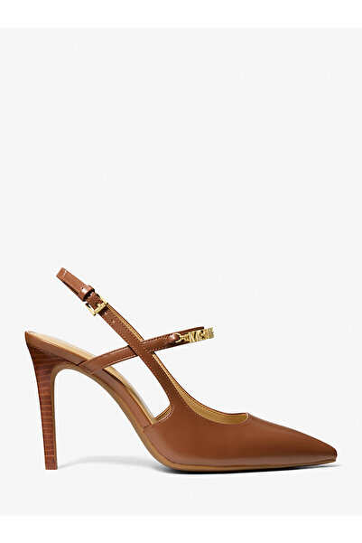 Michael Kors Kadın Sivri Burunlu İnce Topuklu Metalik Logo Detaylı Deri Kahve...