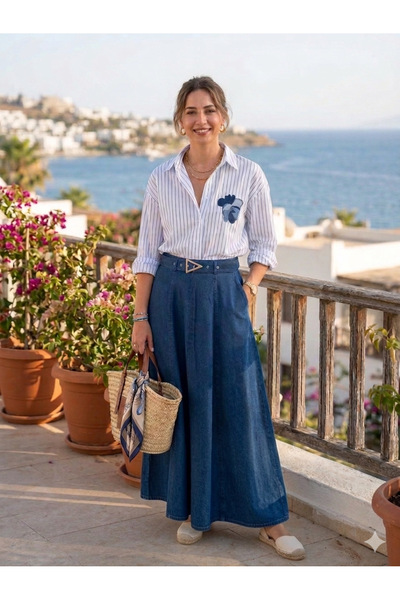 MODA S&S BZLİNE Τζιν φούστα με ζώνη και φαρδιά γραμμή