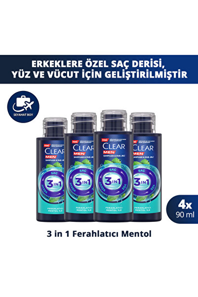 Clear Men Şampuan & Duş Jeli 3in1 Ferahlatıcı Mentol Seyahat Boy 90 ml x4
