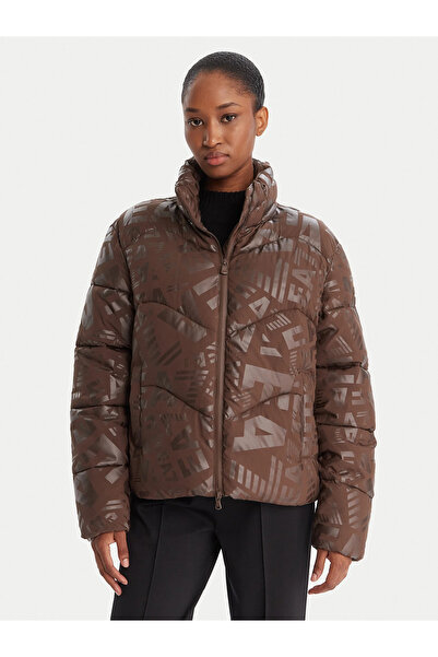 EA7 Women's Monochrome All over Print Stand Collar Long Sleeve Brown Jacket