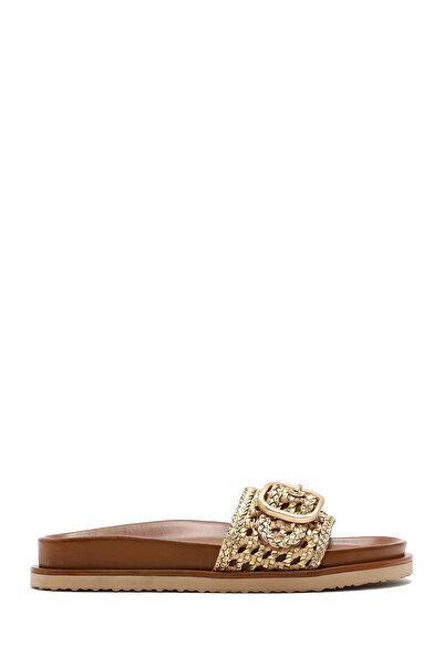 Derimod Γυναικείες δερμάτινες παντόφλες με χρυσή αγκράφα 25SFD5505M7