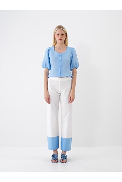 Xint Kadın Mavi %100 Keten Regular Fit Bluz