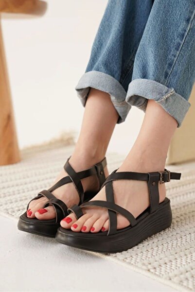 VelasBySerhat Μαύρα σανδάλια από γνήσιο δέρμα TR31MY59A