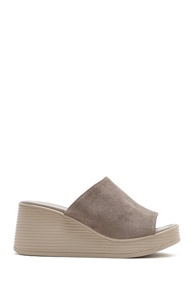 Derimod Γυναικείες γκρι δερμάτινες παντόφλες με σφήνα τακούνι 25SFD181010