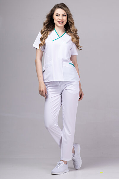 OEM Costum medical premium ONYX pentru femei, alb cu bordură chirurgicală verde