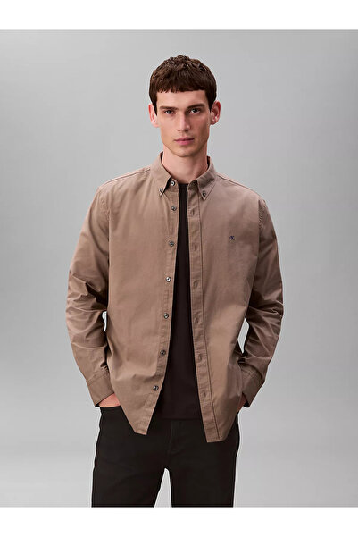 Calvin Klein Ανδρικό βαμβακερό πουκάμισο με κανονική εφαρμογή, μακρυμάνικο, χακί