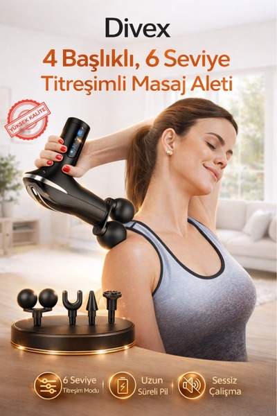 Divex Profesyonel Masaj Tabancası 4 Başlıklı | Derin Doku, 6 Kademe Titreşim,...