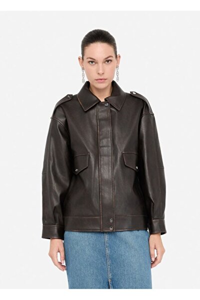 liu.jo Women's Comfortable Fit Notched Collar Zippered Leather Brown Jacket