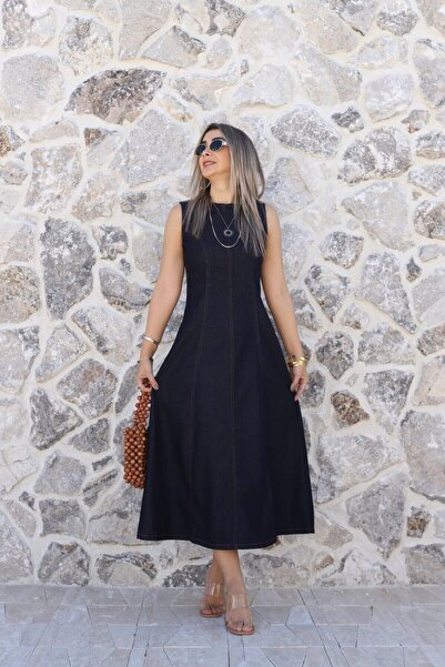 bytugcekaya Ναυτικό μπλε φόρεμα με φερμουάρ στην πλάτη και μηδενικά μανίκια Τζιν