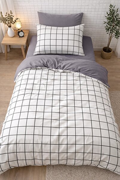 ROSERA HOME Single Person Fitted Sheet Duvet Cover Set Cotton White Square Gray