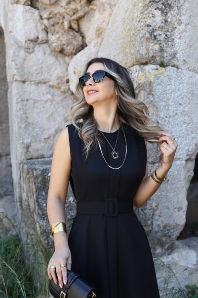bytugcekaya Siyah Aller Detay Kemerli Elbise