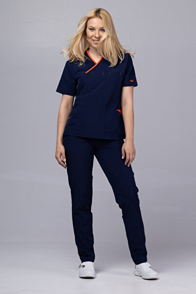 tag Costum medical ONYX Premium pentru femei, bleumarin cu bordură portocalie