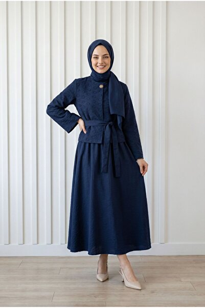 MİHRA STORE Σετ Ζινέτ Μάλλινο Σακάκι και Φούστα-EN830 Ναυτικό Μπλε