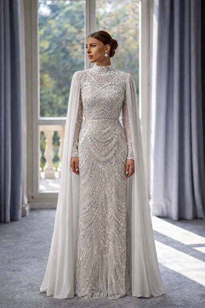 Detachable Cloak Detailed Gemstone Tulle Exclusive Modest Evening Dress STONE 1074