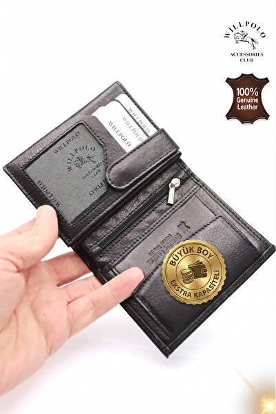 Genuine Leather Vertical Large Black Wallet Card Holder (11.5 x 9 cm)