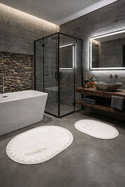 SECDEM Damla 2'li Beyaz Banyo Paspasi