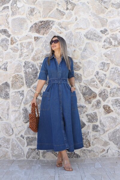 bytugcekaya Μπλε Μεγάλο Με τσέπες Κλοσέ Τζιν Φόρεμα