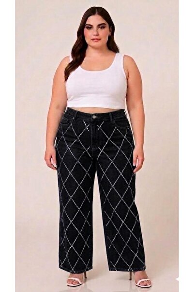 FİVA JEANS بنطلون جينز كبير الحجم فاخر بخصر عالٍ للغاية ومرن مع حجر البقلاوة ...